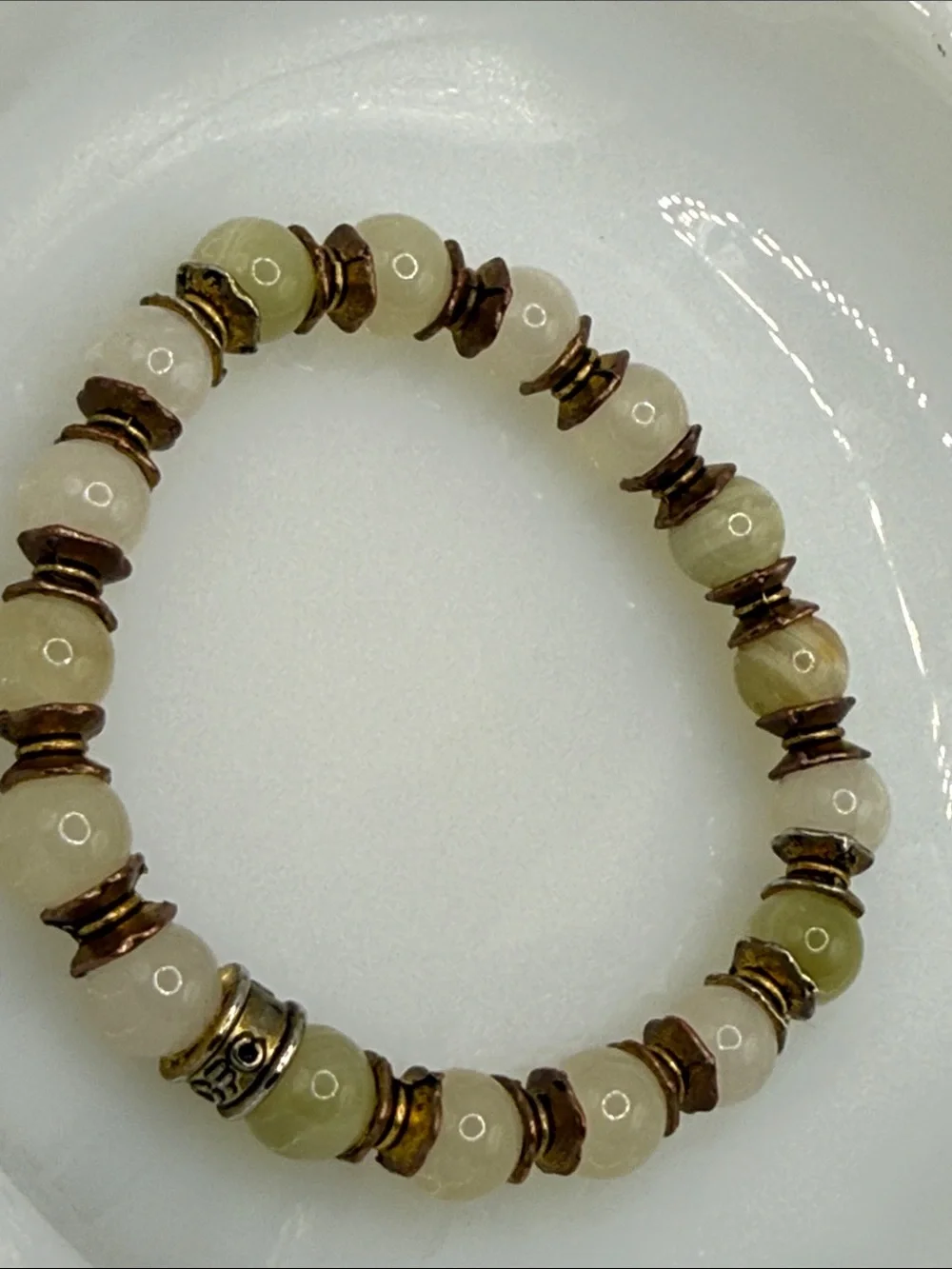 CFC signed Green and Cream Beaded Stretch gemstone bracelet neutral green beige